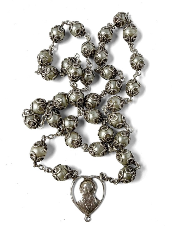 Vintage Jewelry - Vintage Sterling Silver Rosary Capped Faux Pearls Jesus Sacred Heart AS IS FLAWS